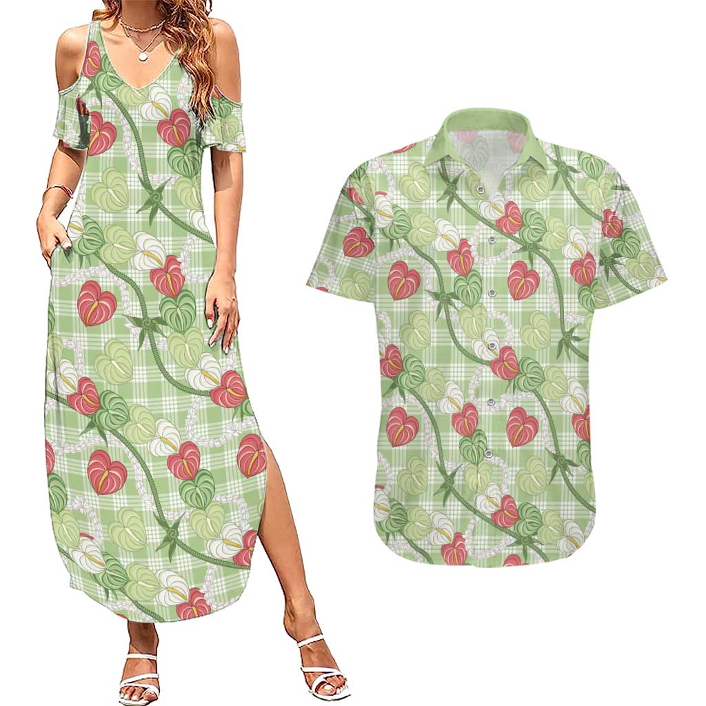 Anthurium Pikake Ti Leaf Palaka Couples Matching Summer Maxi Dress and Hawaiian Shirt Green Version LT01 Green - Polynesian Pride