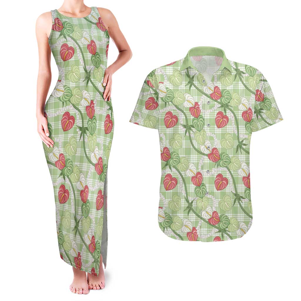 Anthurium Pikake Ti Leaf Palaka Couples Matching Tank Maxi Dress and Hawaiian Shirt Green Version LT01 Green - Polynesian Pride