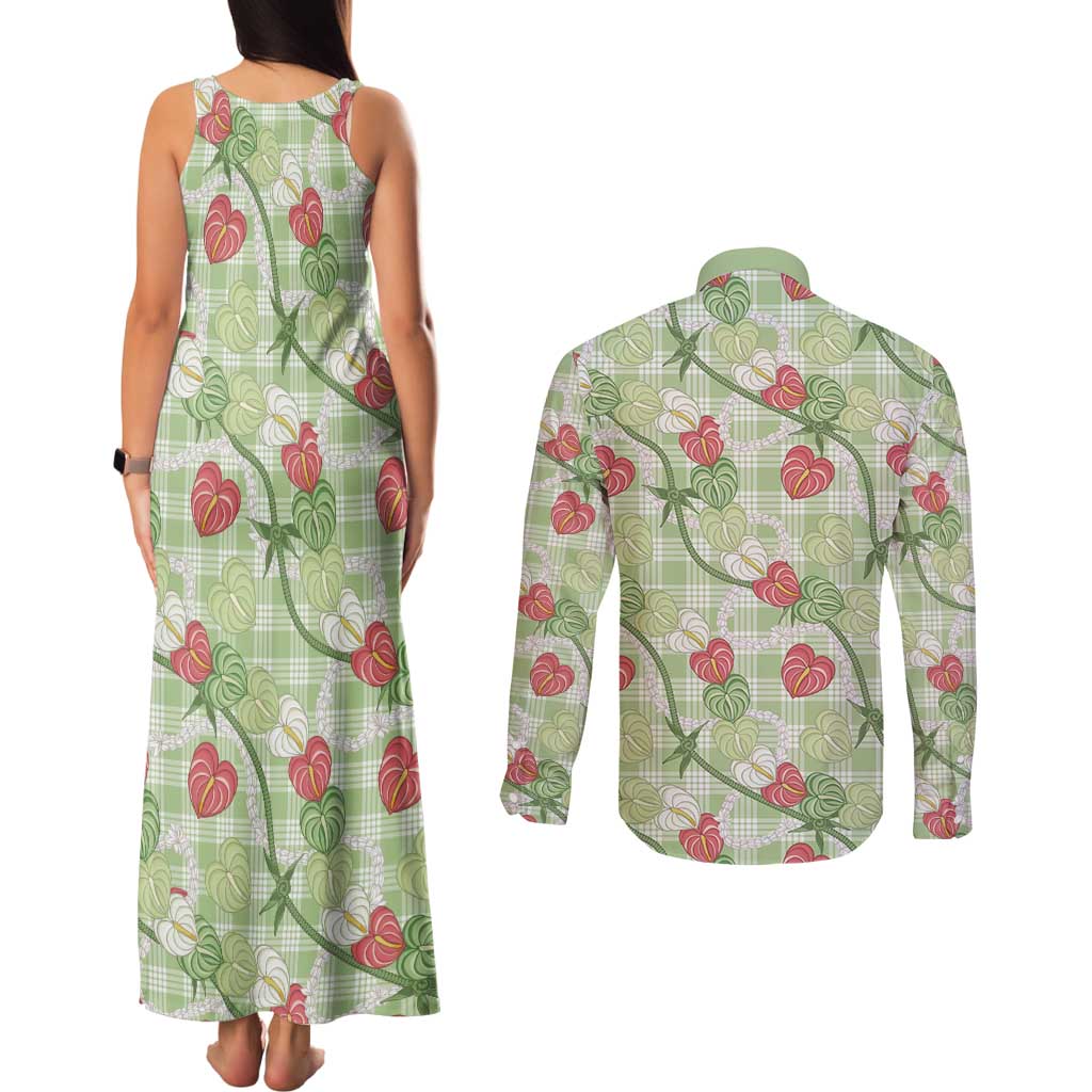 Anthurium Pikake Ti Leaf Palaka Couples Matching Tank Maxi Dress and Long Sleeve Button Shirt Green Version LT01 - Polynesian Pride