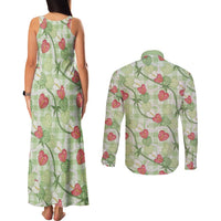 Anthurium Pikake Ti Leaf Palaka Couples Matching Tank Maxi Dress and Long Sleeve Button Shirt Green Version LT01 - Polynesian Pride