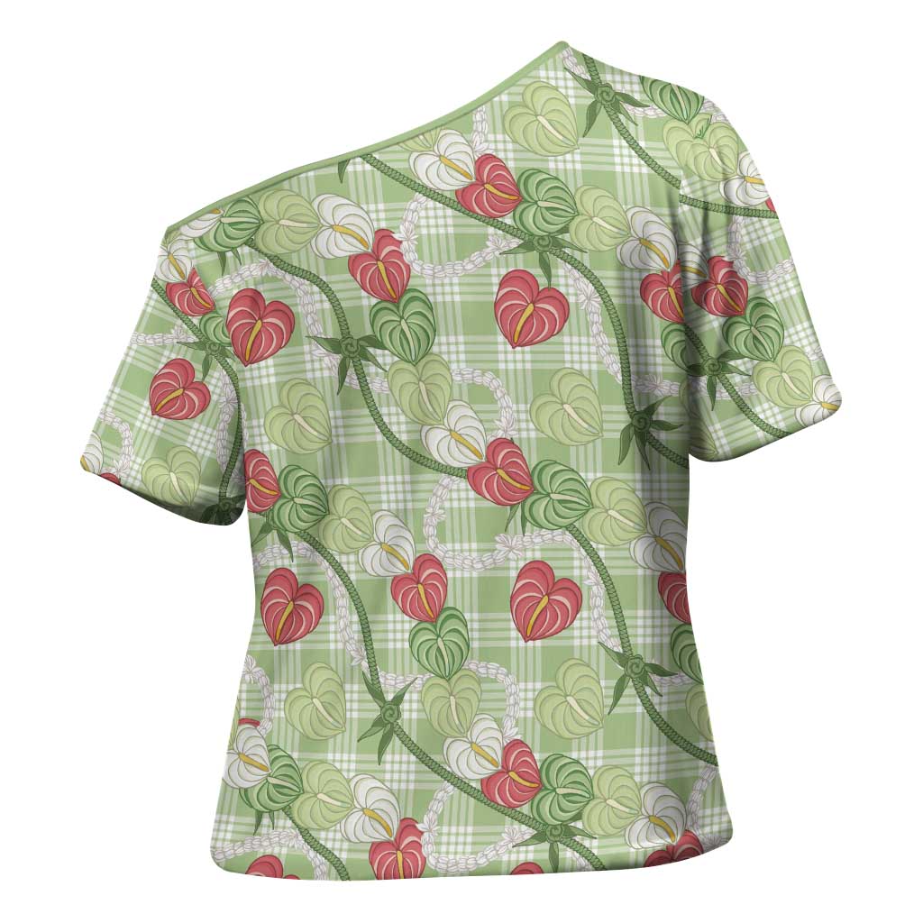 Anthurium Pikake Ti Leaf Palaka Cross Shoulder Shirt Green Version LT01 - Polynesian Pride