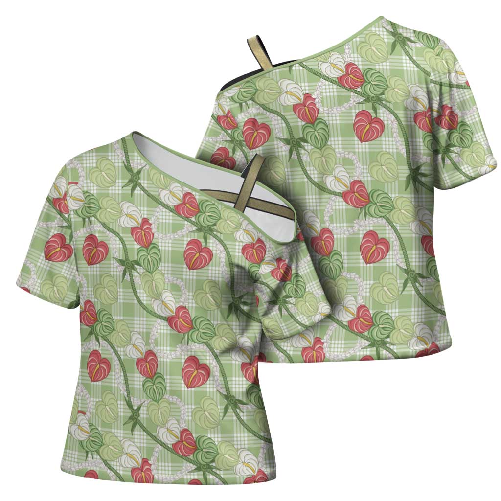 Anthurium Pikake Ti Leaf Palaka Cross Shoulder Shirt Green Version LT01 - Polynesian Pride