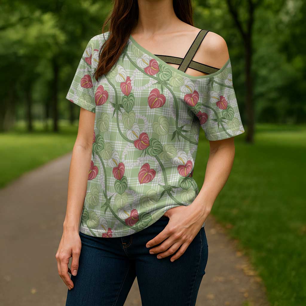 Anthurium Pikake Ti Leaf Palaka Cross Shoulder Shirt Green Version LT01 - Polynesian Pride