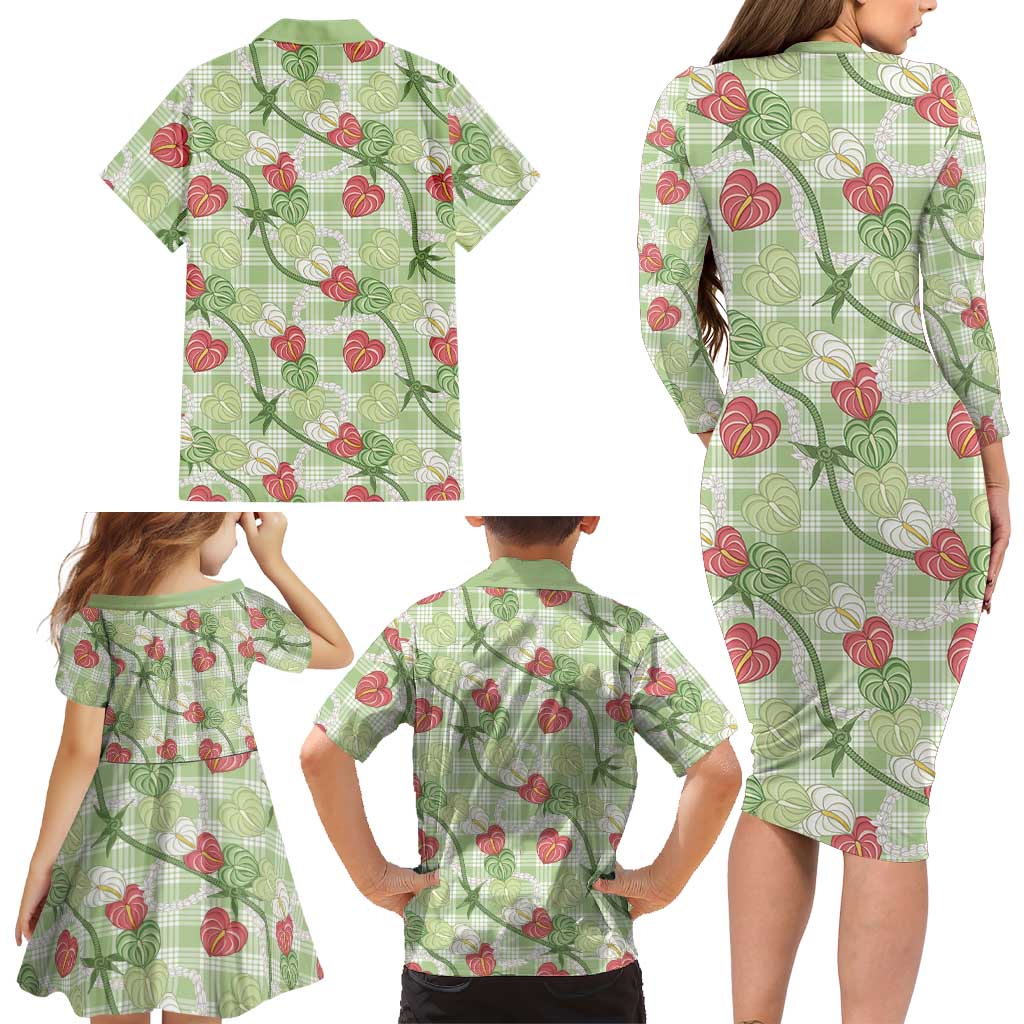 Anthurium Pikake Ti Leaf Palaka Family Matching Long Sleeve Bodycon Dress and Hawaiian Shirt Green Version