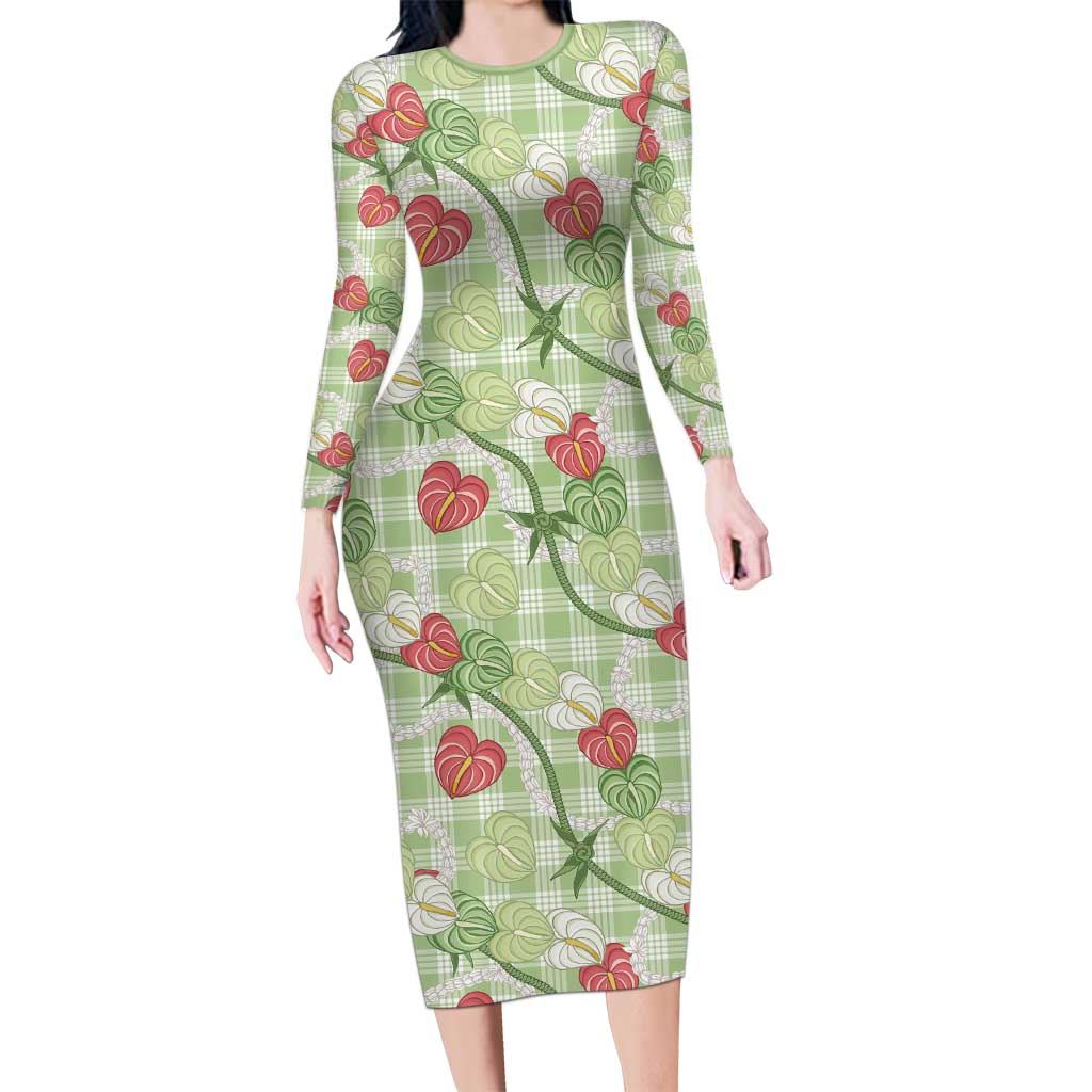 Anthurium Pikake Ti Leaf Palaka Family Matching Long Sleeve Bodycon Dress and Hawaiian Shirt Green Version