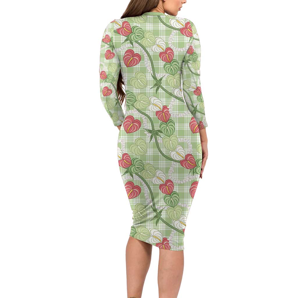 Anthurium Pikake Ti Leaf Palaka Family Matching Long Sleeve Bodycon Dress and Hawaiian Shirt Green Version