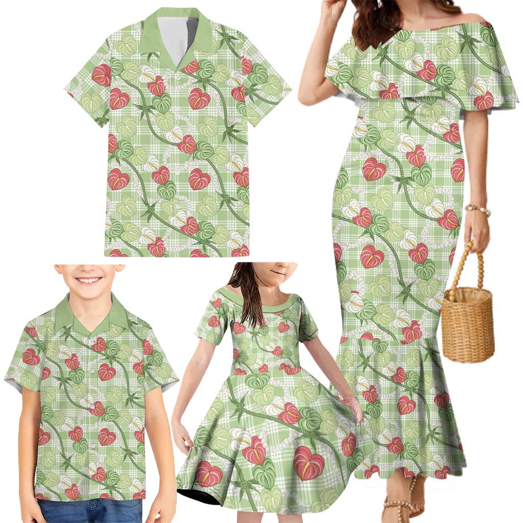 Anthurium Pikake Ti Leaf Palaka Family Matching Mermaid Dress and Hawaiian Shirt Green Version LT01 - Polynesian Pride