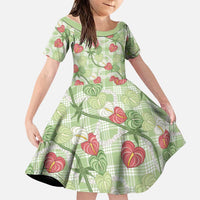 Anthurium Pikake Ti Leaf Palaka Family Matching Off The Shoulder Long Sleeve Dress and Hawaiian Shirt Green Version