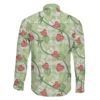 Anthurium Pikake Ti Leaf Palaka Family Matching Off The Shoulder Long Sleeve Dress and Hawaiian Shirt Green Version