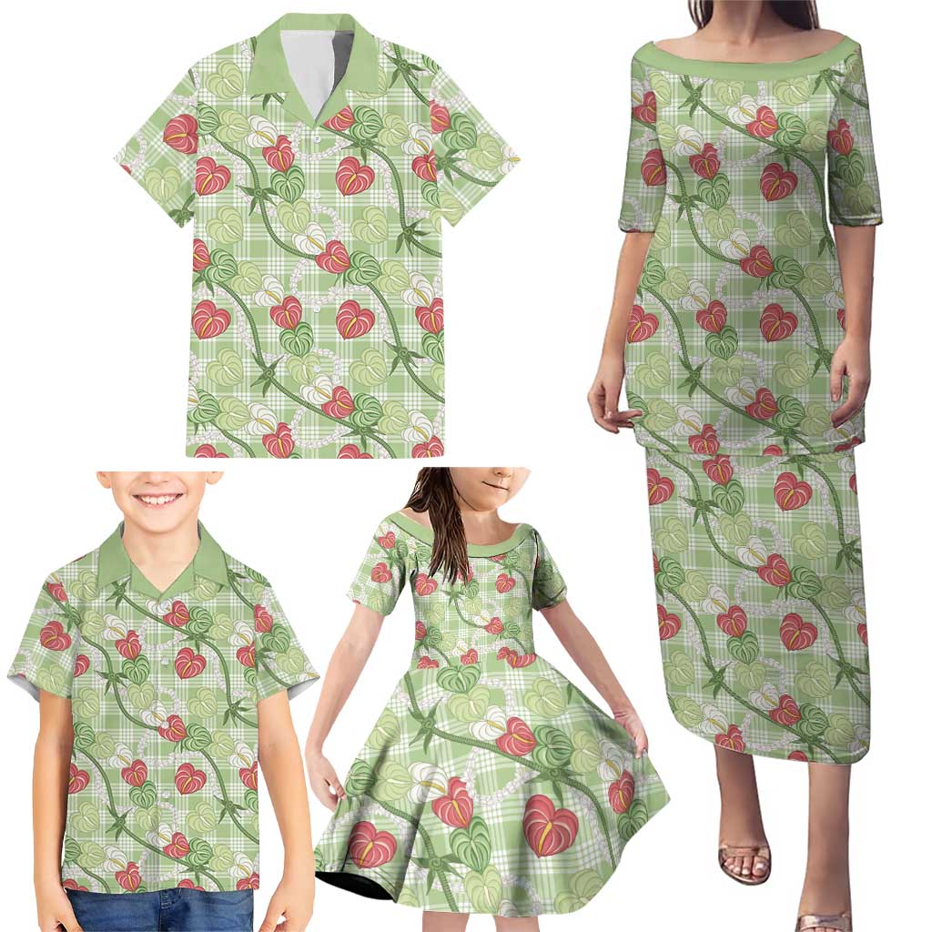 Anthurium Pikake Ti Leaf Palaka Family Matching Puletasi and Hawaiian Shirt Green Version LT01 - Polynesian Pride