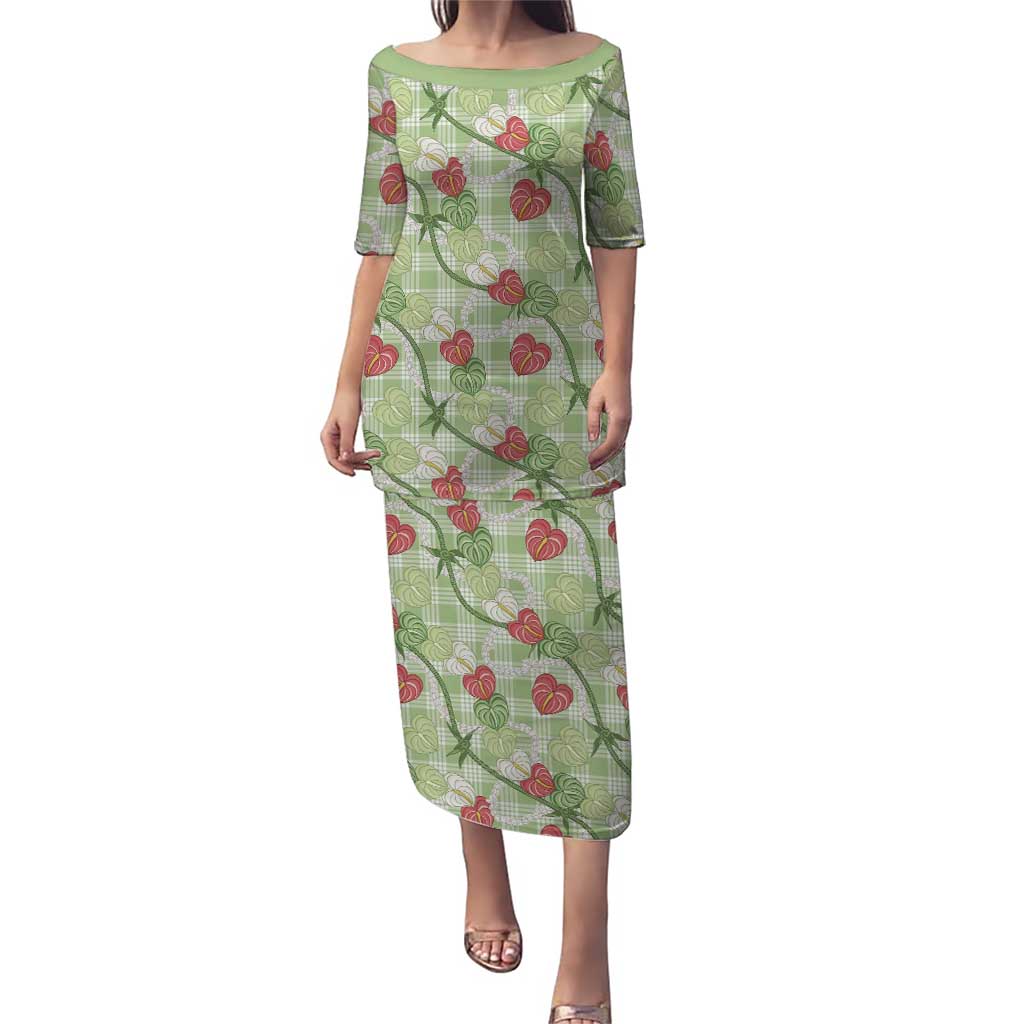 Anthurium Pikake Ti Leaf Palaka Family Matching Puletasi and Hawaiian Shirt Green Version LT01 Mom's Dress Green - Polynesian Pride