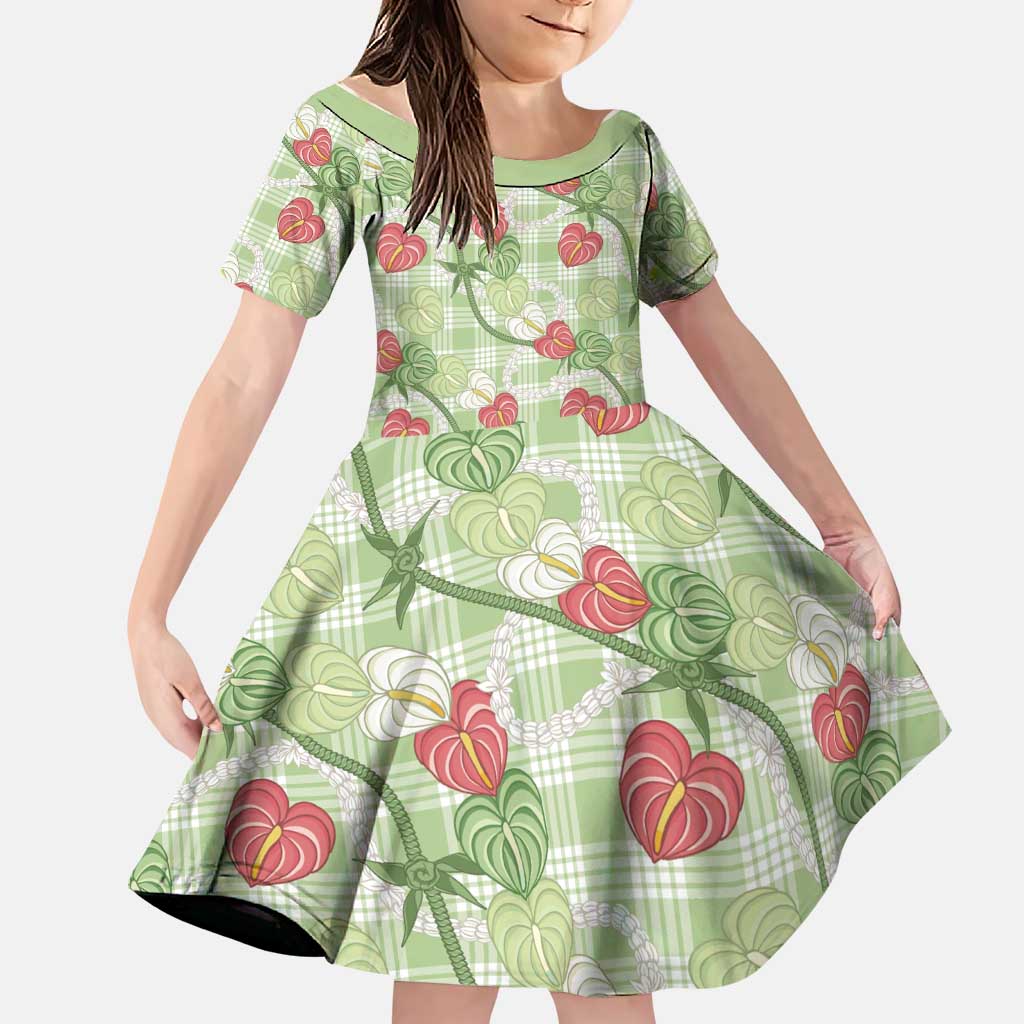 Anthurium Pikake Ti Leaf Palaka Family Matching Short Sleeve Bodycon Dress and Hawaiian Shirt Green Version