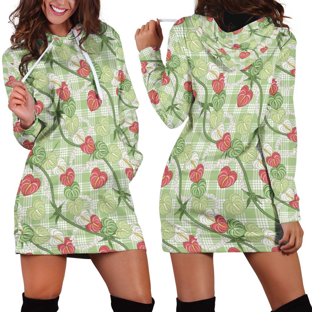 Anthurium Pikake Ti Leaf Palaka Hoodie Dress Green Version LT01 - Polynesian Pride