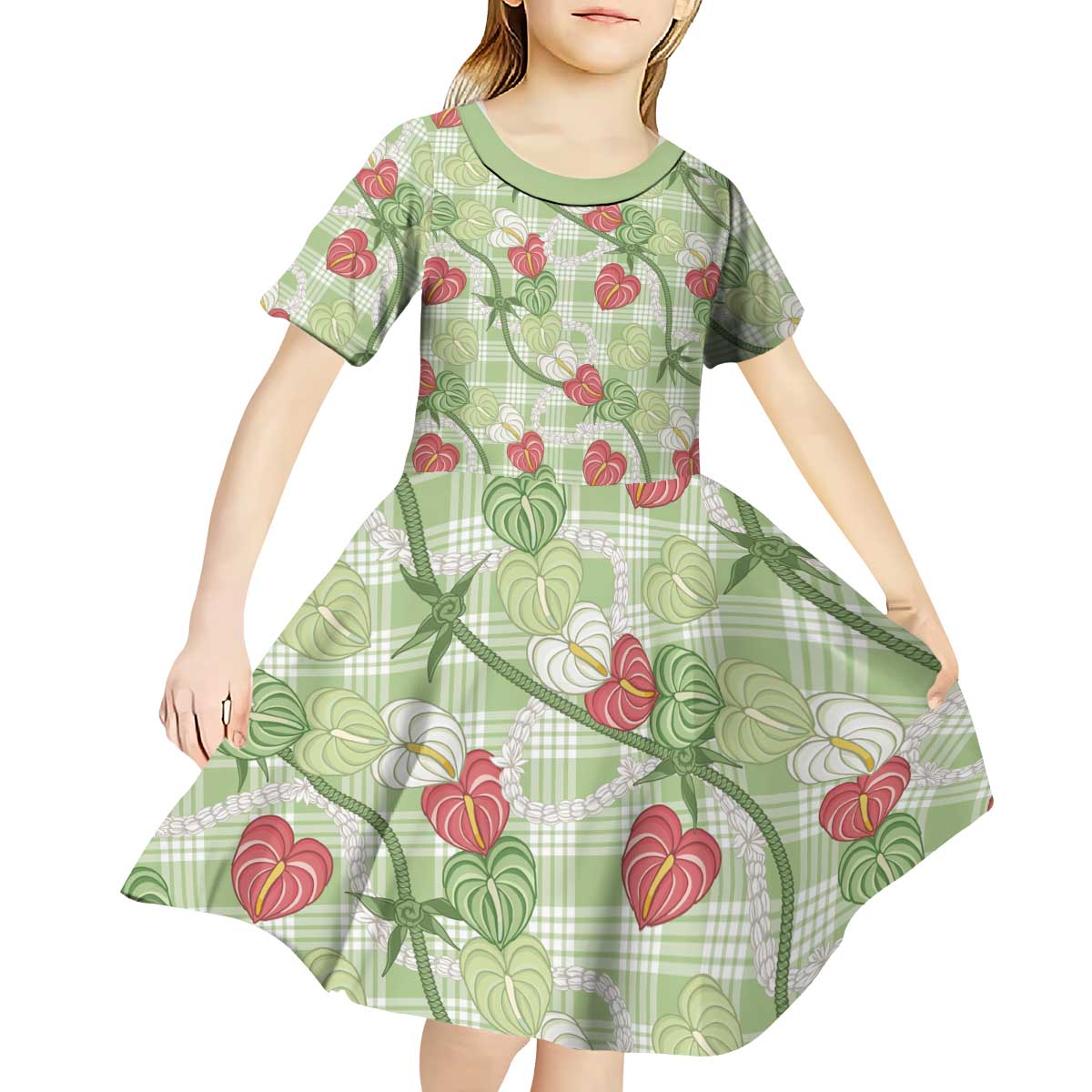 Anthurium Pikake Ti Leaf Palaka Kid Short Sleeve Dress Green Version LT01 - Polynesian Pride