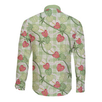 Anthurium Pikake Ti Leaf Palaka Long Sleeve Button Shirt Green Version LT01 - Polynesian Pride