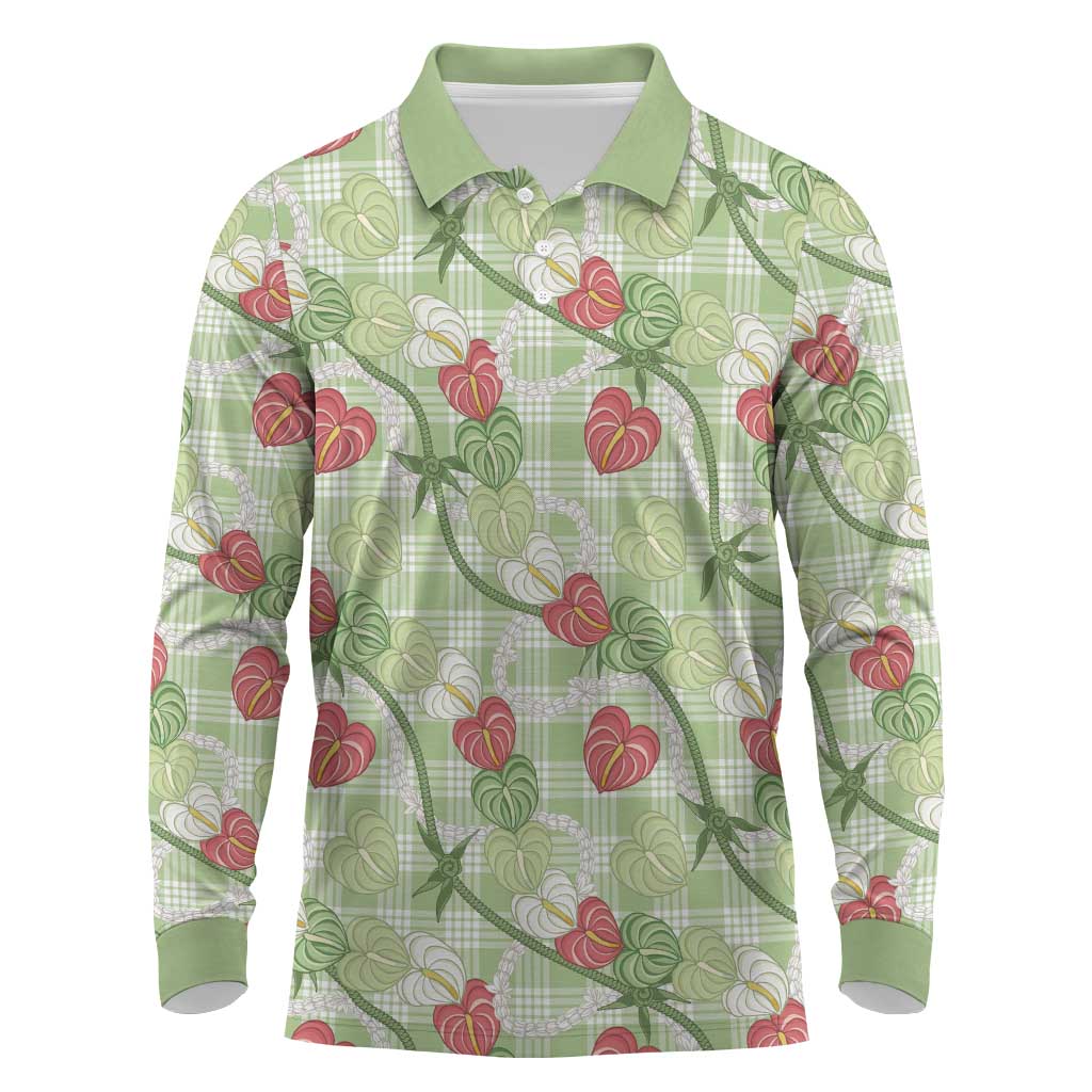 Anthurium Pikake Ti Leaf Palaka Long Sleeve Polo Shirt Green Version
