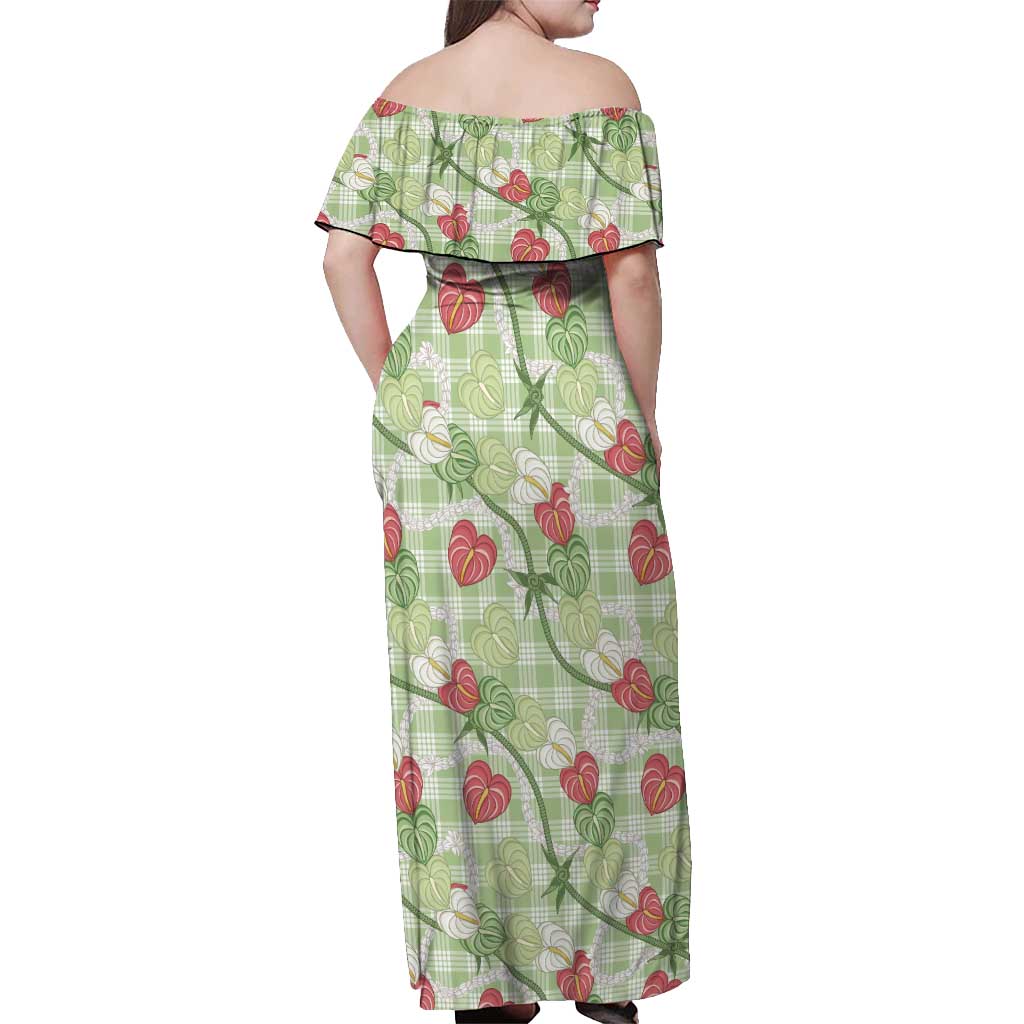 Anthurium Pikake Ti Leaf Palaka Off Shoulder Maxi Dress Green Version LT01 - Polynesian Pride