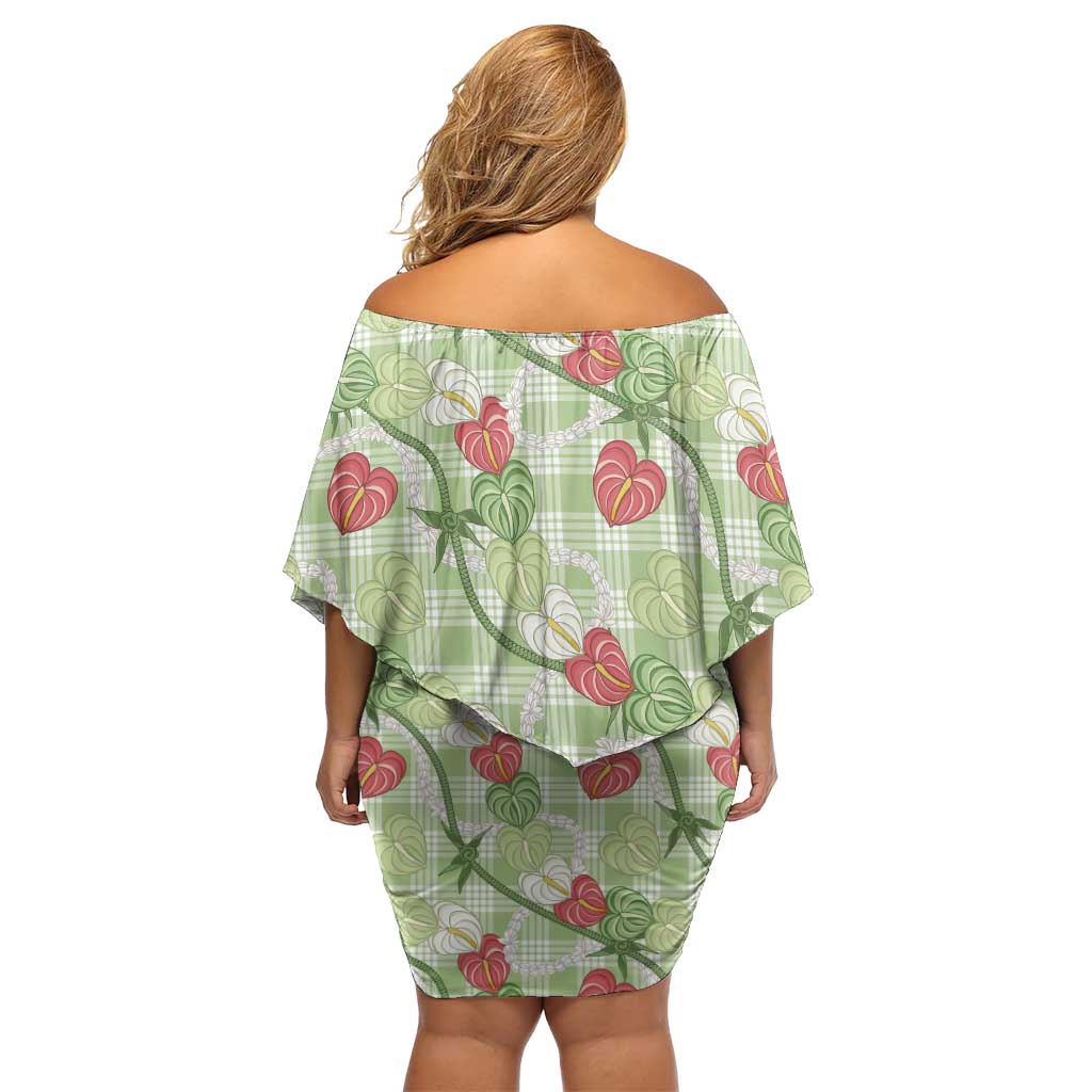 Anthurium Pikake Ti Leaf Palaka Off Shoulder Short Dress Green Version