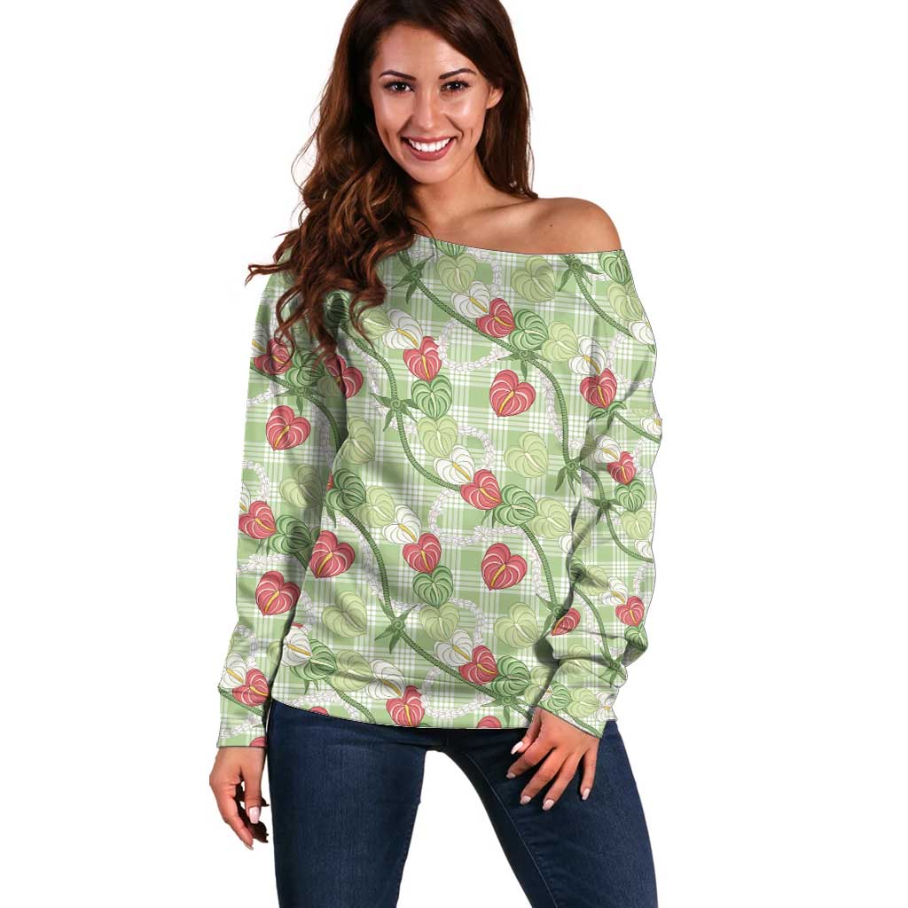 Anthurium Pikake Ti Leaf Palaka Off Shoulder Sweater Green Version LT01 Women Green - Polynesian Pride