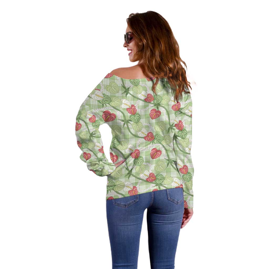 Anthurium Pikake Ti Leaf Palaka Off Shoulder Sweater Green Version LT01 - Polynesian Pride