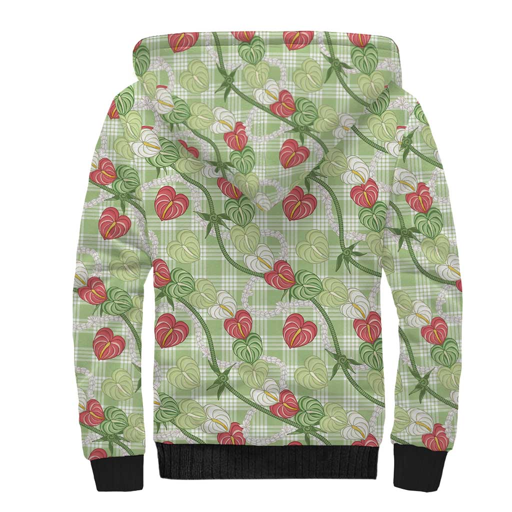 Anthurium Pikake Ti Leaf Palaka Sherpa Hoodie Green Version LT01 - Polynesian Pride