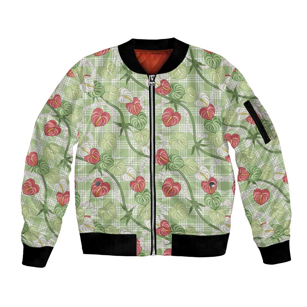 Anthurium Pikake Ti Leaf Palaka Sleeve Zip Bomber Jacket Green Version