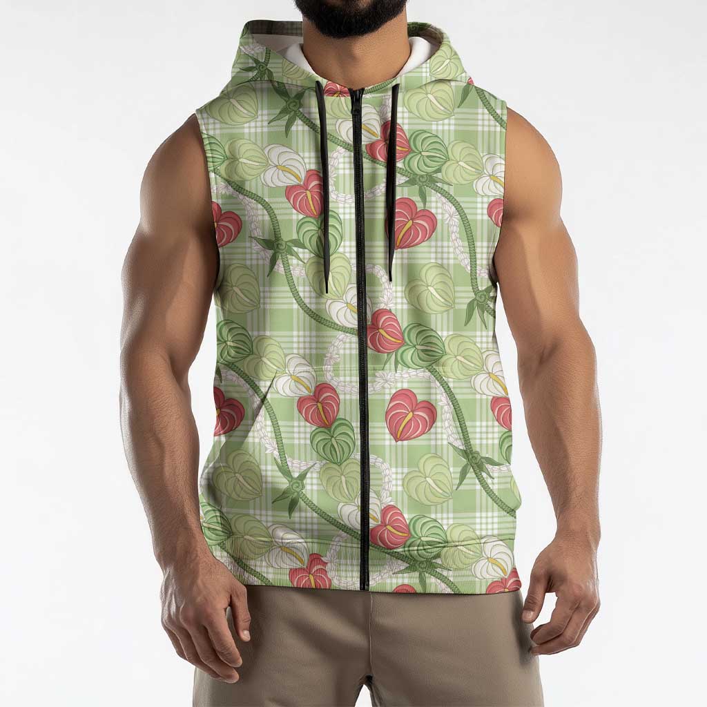 Anthurium Pikake Ti Leaf Palaka Sleeveless Zip Hoodie Green Version LT01 - Polynesian Pride