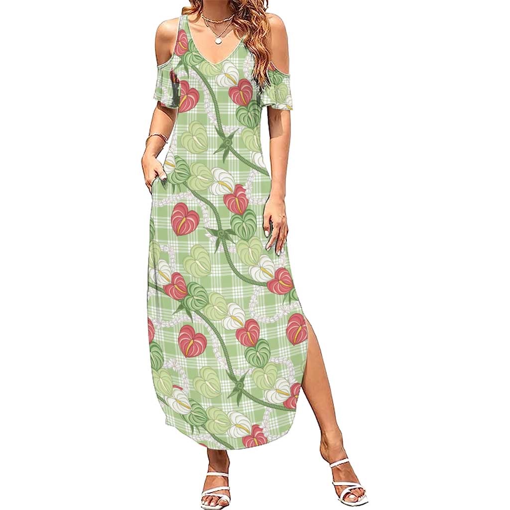 Anthurium Pikake Ti Leaf Palaka Summer Maxi Dress Green Version LT01 Women Green - Polynesian Pride