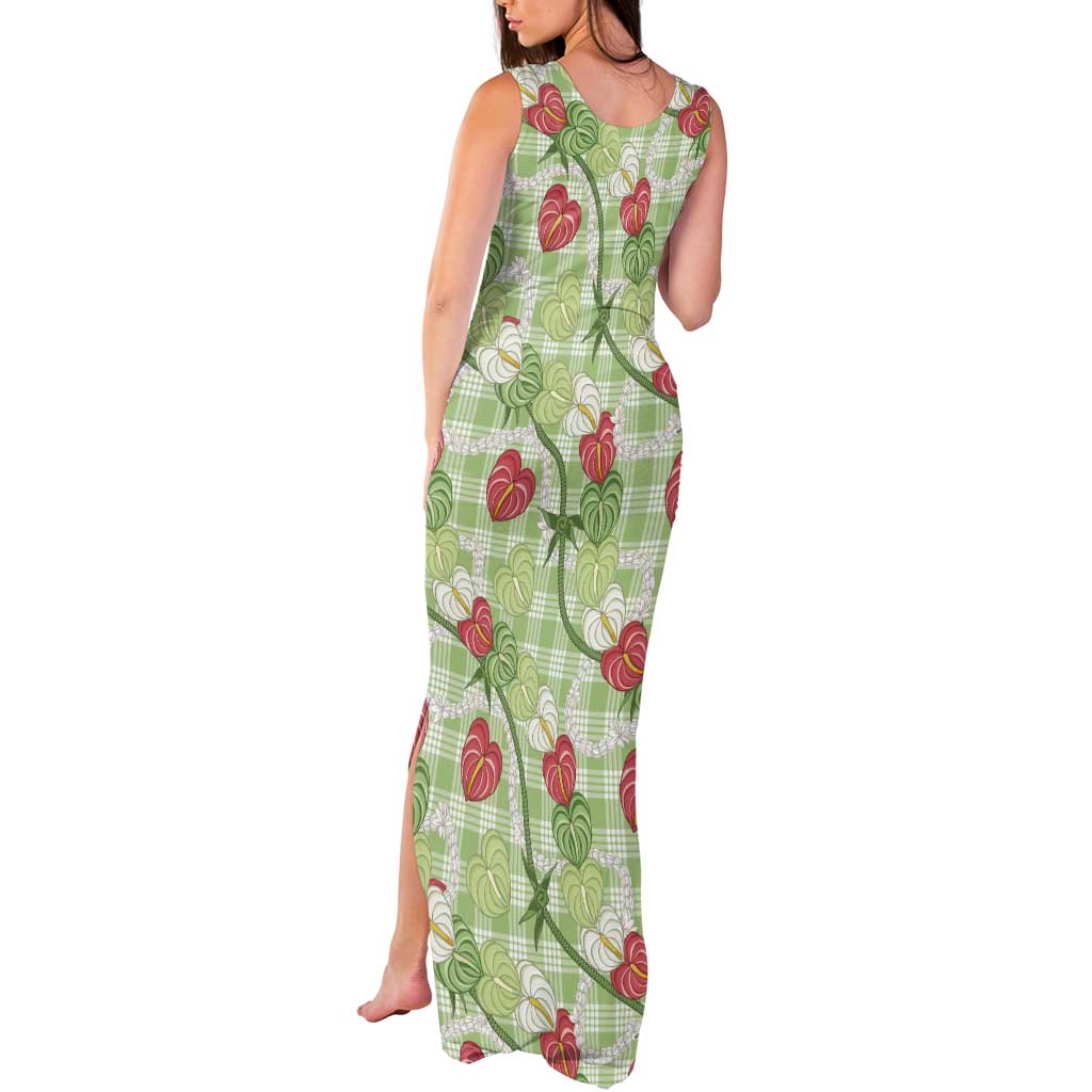 Anthurium Pikake Ti Leaf Palaka Tank Maxi Dress Green Version LT01 - Polynesian Pride