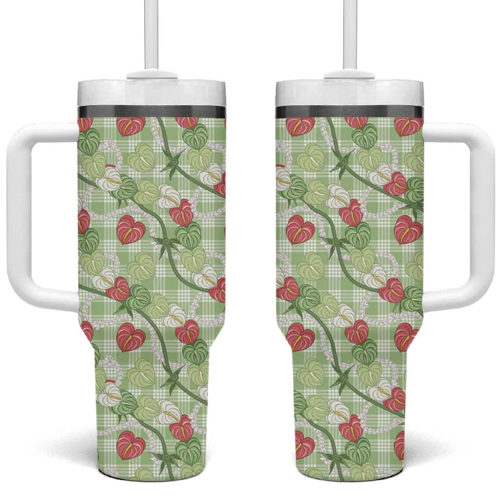Anthurium Pikake Ti Leaf Palaka Tumbler With Handle Green Version LT01 One Size: 40 oz Green - Polynesian Pride
