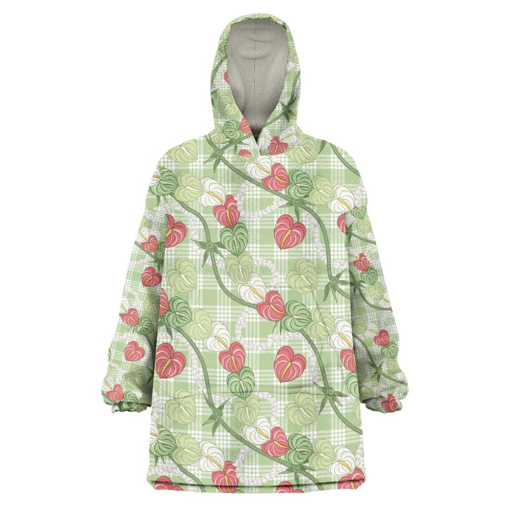 Anthurium Pikake Ti Leaf Palaka Wearable Blanket Hoodie Green Version LT01 One Size Green - Polynesian Pride