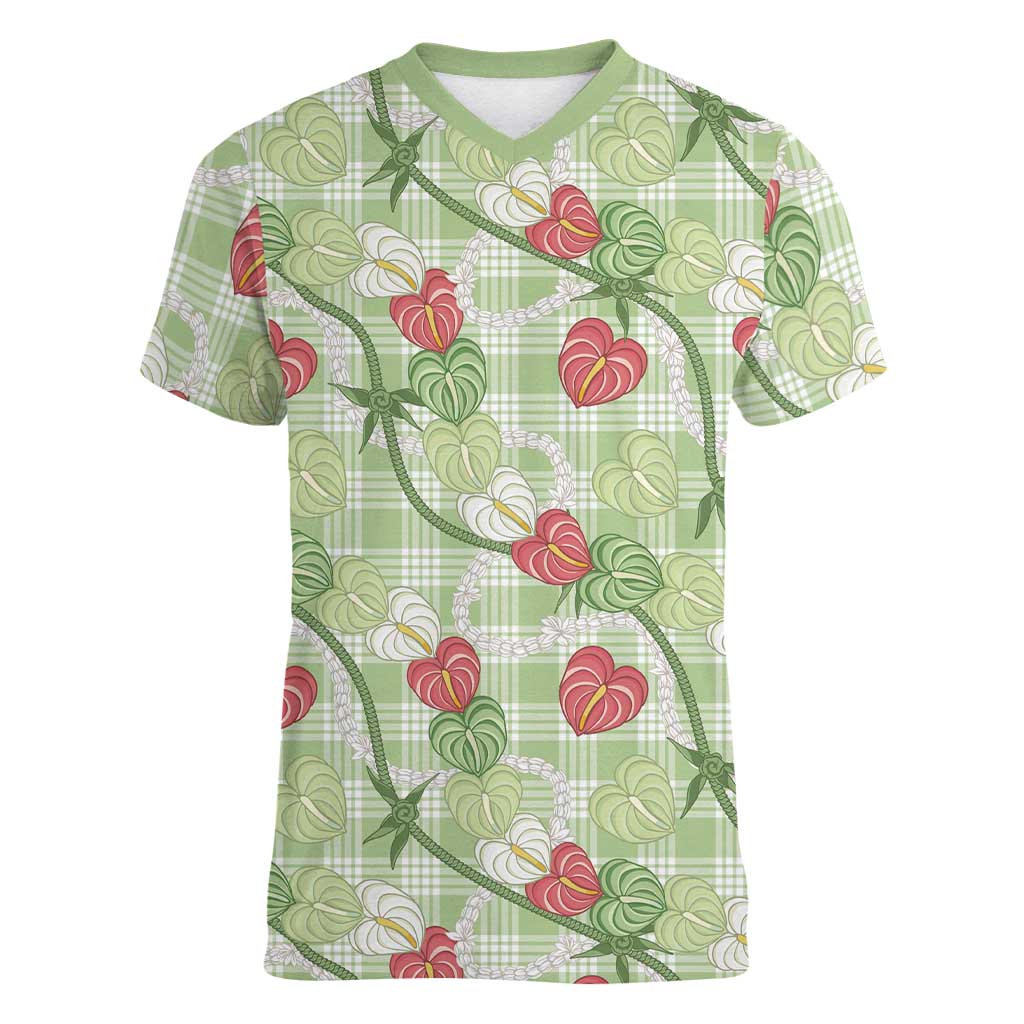 Anthurium Pikake Ti Leaf Palaka Women V-Neck T-Shirt Green Version