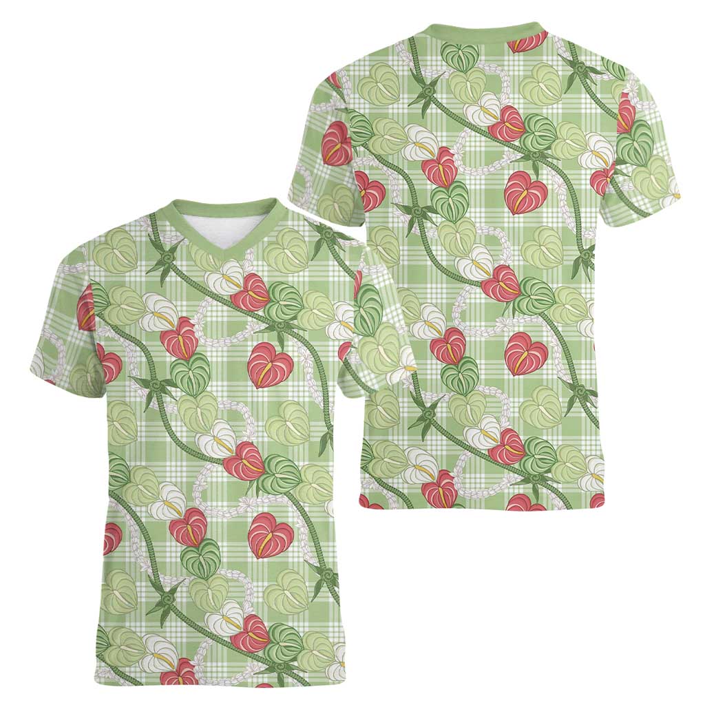 Anthurium Pikake Ti Leaf Palaka Women V-Neck T-Shirt Green Version