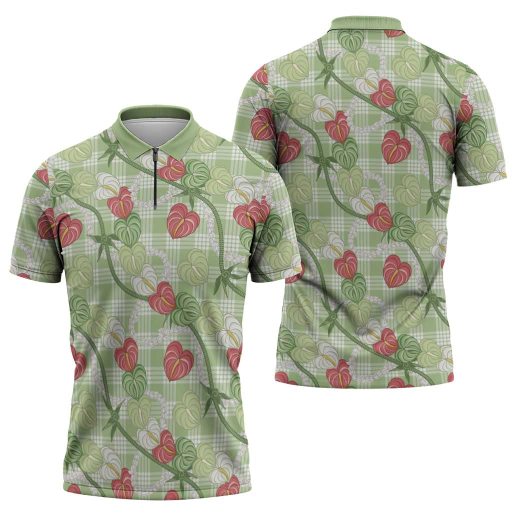 Anthurium Pikake Ti Leaf Palaka Zipper Polo Shirt Green Version LT01 - Polynesian Pride