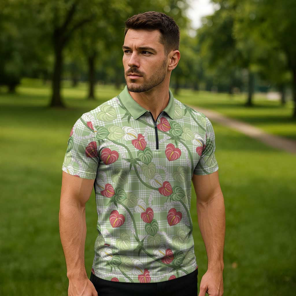 Anthurium Pikake Ti Leaf Palaka Zipper Polo Shirt Green Version LT01 - Polynesian Pride