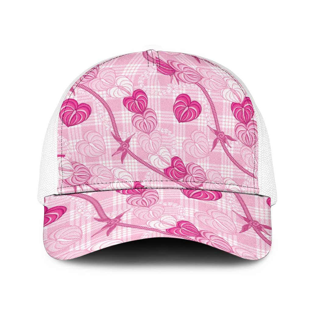 Anthurium Pikake Ti Leaf Palaka Baseball Net Cap Pink Version LT01 One Size White Pink - Polynesian Pride