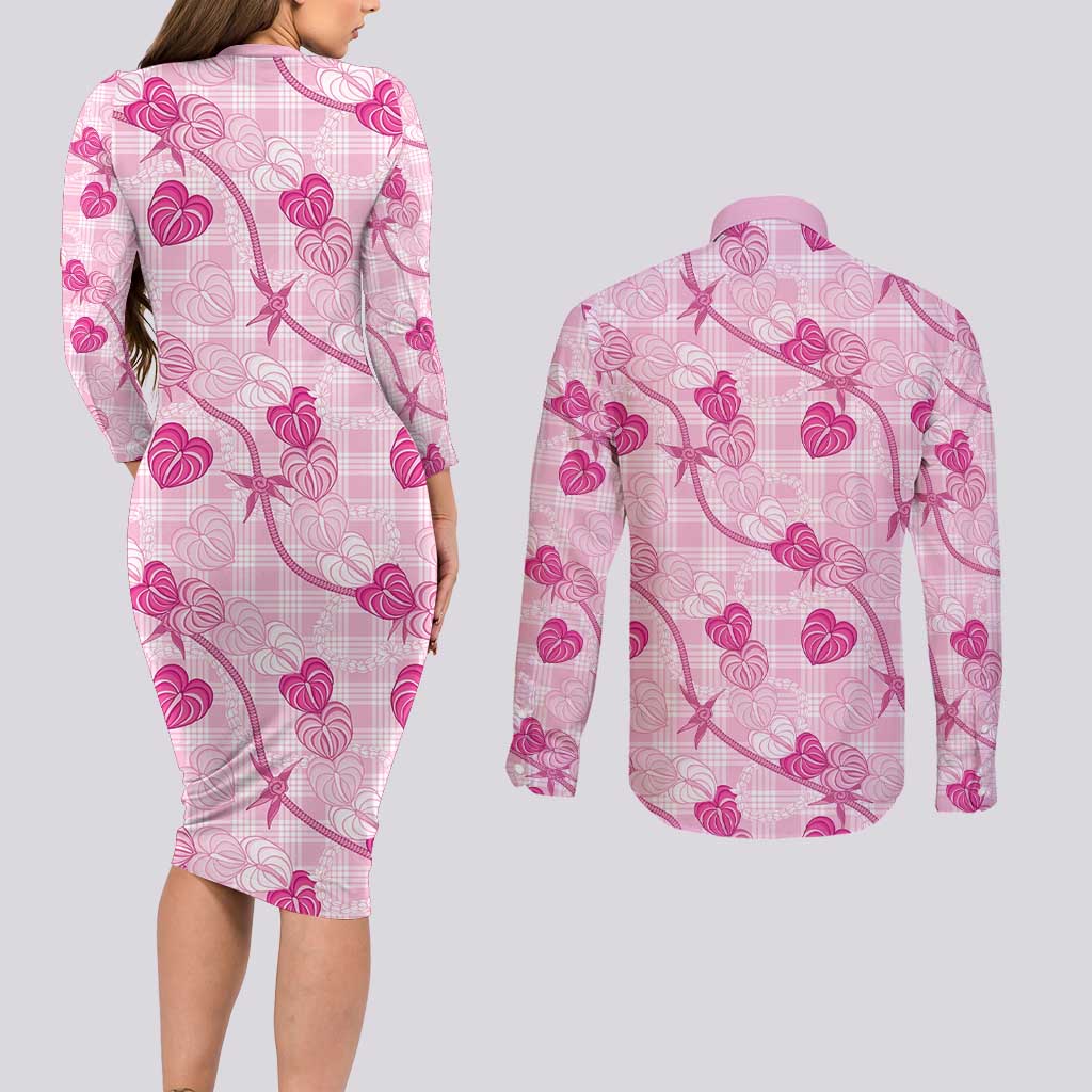 Anthurium Pikake Ti Leaf Palaka Couples Matching Long Sleeve Bodycon Dress and Long Sleeve Button Shirt Pink Version LT01 - Polynesian Pride