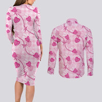 Anthurium Pikake Ti Leaf Palaka Couples Matching Long Sleeve Bodycon Dress and Long Sleeve Button Shirt Pink Version LT01 - Polynesian Pride