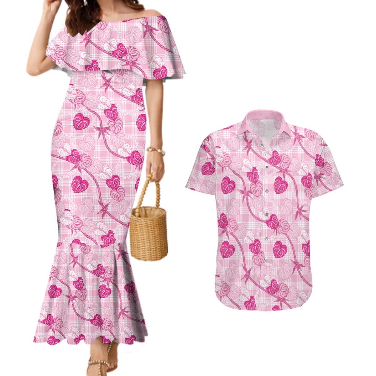 Anthurium Pikake Ti Leaf Palaka Couples Matching Mermaid Dress and Hawaiian Shirt Pink Version LT01 Pink - Polynesian Pride