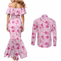 Anthurium Pikake Ti Leaf Palaka Couples Matching Mermaid Dress and Long Sleeve Button Shirt Pink Version LT01 - Polynesian Pride