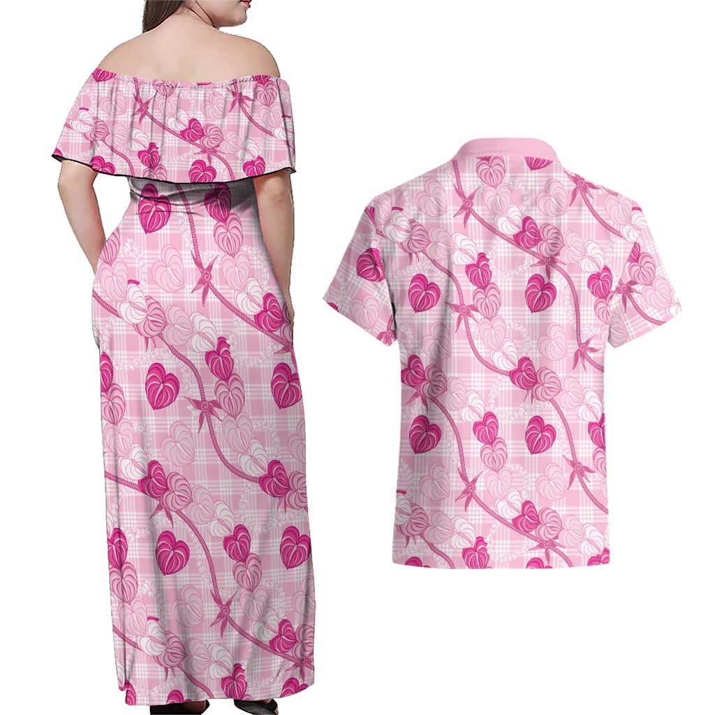 Anthurium Pikake Ti Leaf Palaka Couples Matching Off Shoulder Maxi Dress and Hawaiian Shirt Pink Version LT01 - Polynesian Pride