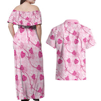 Anthurium Pikake Ti Leaf Palaka Couples Matching Off Shoulder Maxi Dress and Hawaiian Shirt Pink Version LT01 - Polynesian Pride