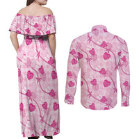 Anthurium Pikake Ti Leaf Palaka Couples Matching Off Shoulder Maxi Dress and Long Sleeve Button Shirt Pink Version LT01 - Polynesian Pride