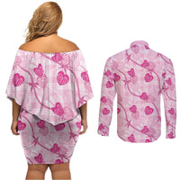 Anthurium Pikake Ti Leaf Palaka Couples Matching Off Shoulder Short Dress and Long Sleeve Button Shirt Pink Version LT01 - Polynesian Pride