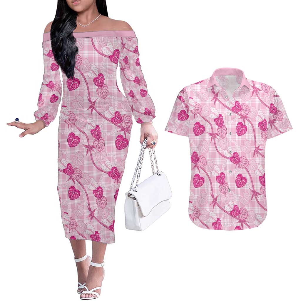 Anthurium Pikake Ti Leaf Palaka Couples Matching Off The Shoulder Long Sleeve Dress and Hawaiian Shirt Pink Version LT01 Pink - Polynesian Pride