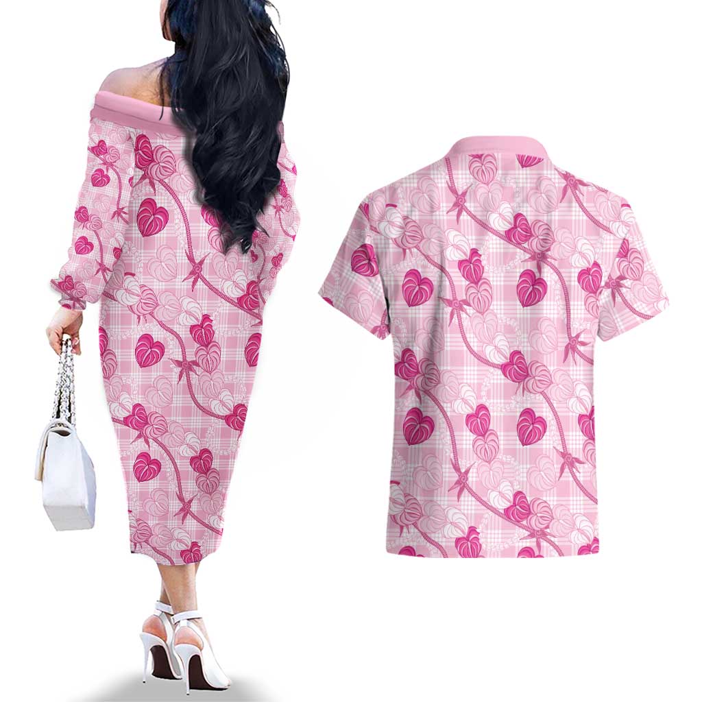 Anthurium Pikake Ti Leaf Palaka Couples Matching Off The Shoulder Long Sleeve Dress and Hawaiian Shirt Pink Version LT01 - Polynesian Pride