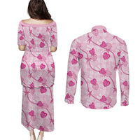 Anthurium Pikake Ti Leaf Palaka Couples Matching Puletasi and Long Sleeve Button Shirt Pink Version LT01 - Polynesian Pride