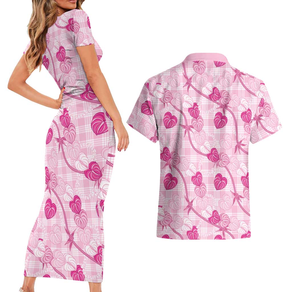 Anthurium Pikake Ti Leaf Palaka Couples Matching Short Sleeve Bodycon Dress and Hawaiian Shirt Pink Version LT01 - Polynesian Pride