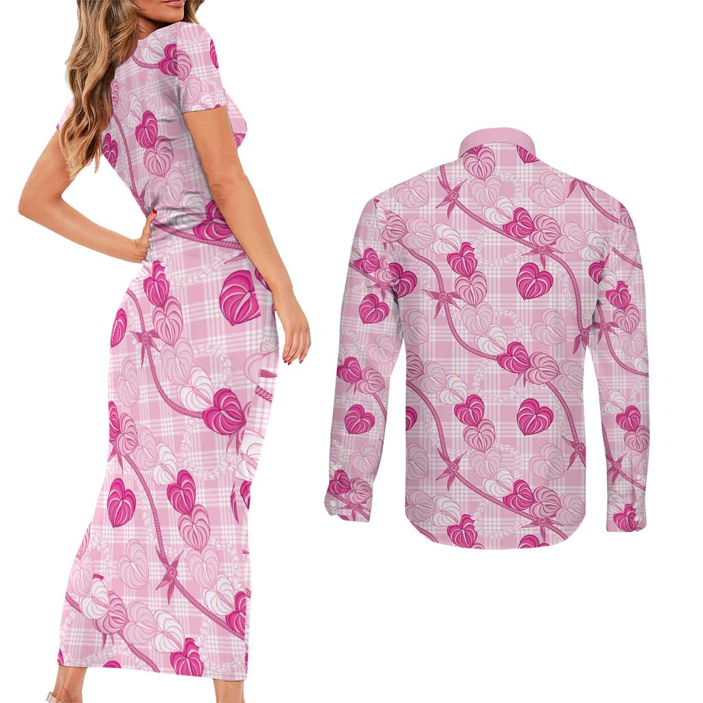 Anthurium Pikake Ti Leaf Palaka Couples Matching Short Sleeve Bodycon Dress and Long Sleeve Button Shirt Pink Version LT01 - Polynesian Pride