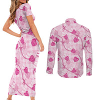 Anthurium Pikake Ti Leaf Palaka Couples Matching Short Sleeve Bodycon Dress and Long Sleeve Button Shirt Pink Version LT01 - Polynesian Pride
